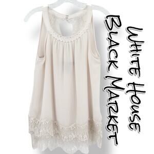 White House Black Market Lace Trim Blouse Ivory Feminine Romantic Womens Sz S